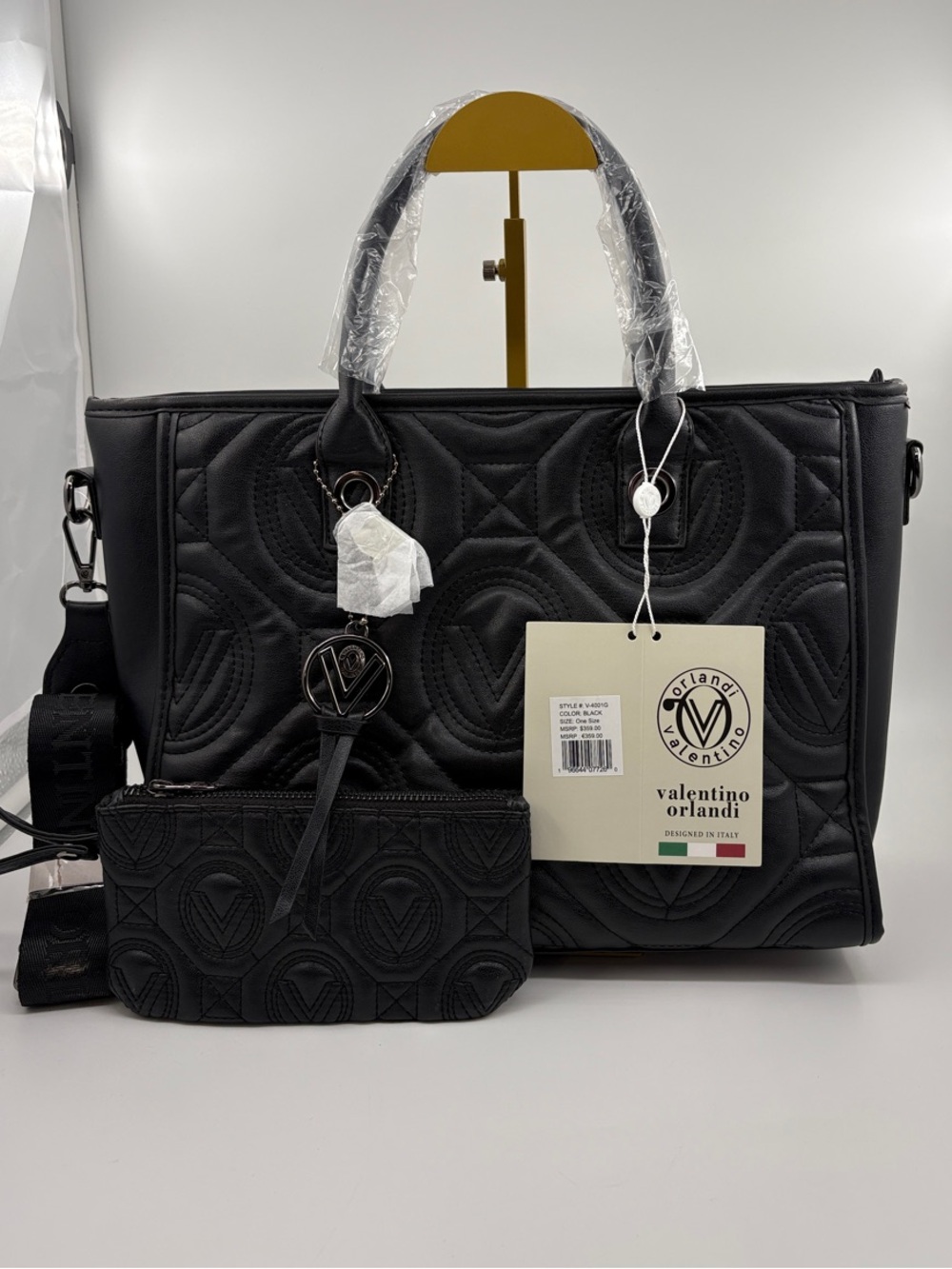 Valentino Orlandi Black Quilted Tote with Charm and Detachable Pouch